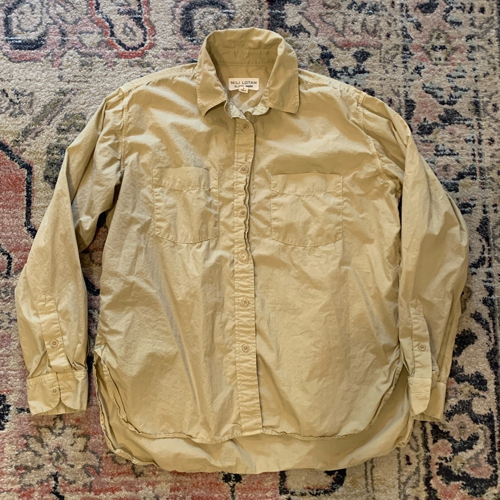 Nili Lotan Lightweight Cotton Poplin Camp Shirt Tan Khaki